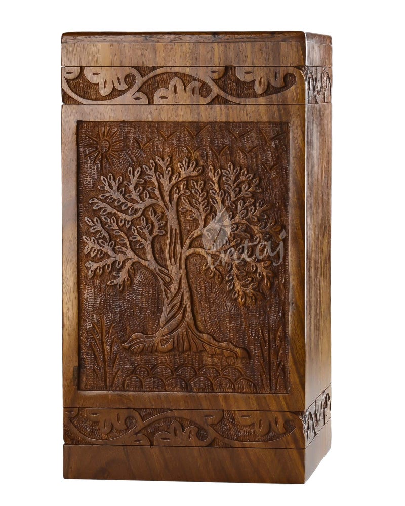 INTAJ Wooden Tree of Life Cremation Urns for Human Ashes â€“ Memorial Urn Box and Casket for Adult Male, Female, Child, or Pets (Cat/Dog) â€“ Burial Funeral Urn Holds Up to 180 Cubic Inches of Ashes - Image 1